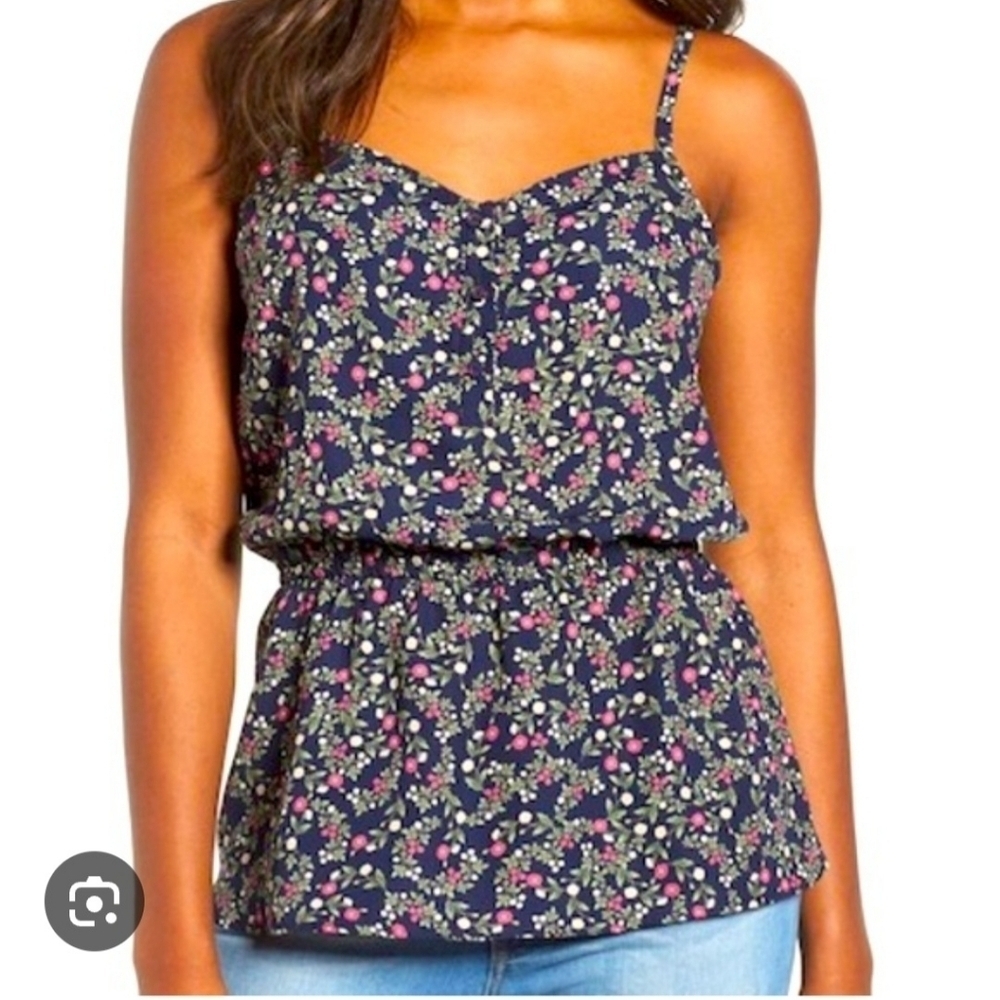 Gibson Women's Sleeveless Navy Blue Floral Lightweight Peplum Top Size XS